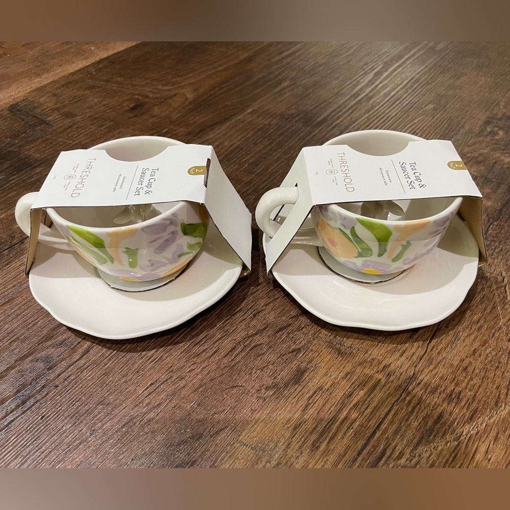 Set of 2 Threshold Bunny Floral Tea Cups & Saucers – Stoneware Easter Decor Gift